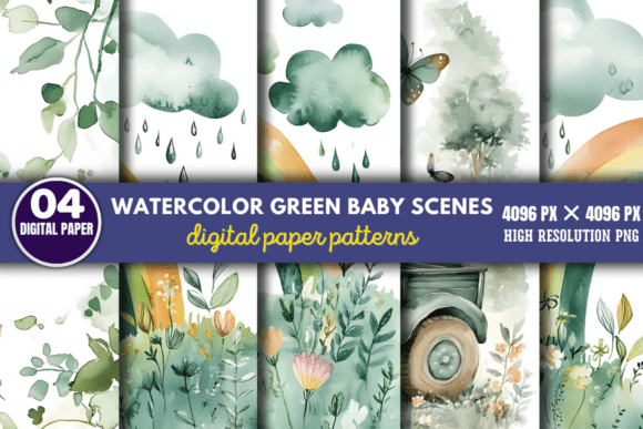 Watercolor Green Baby Scenes Pattern 6