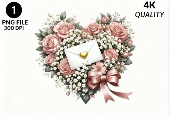 Pink Rose Heart Floral Envelope PNG