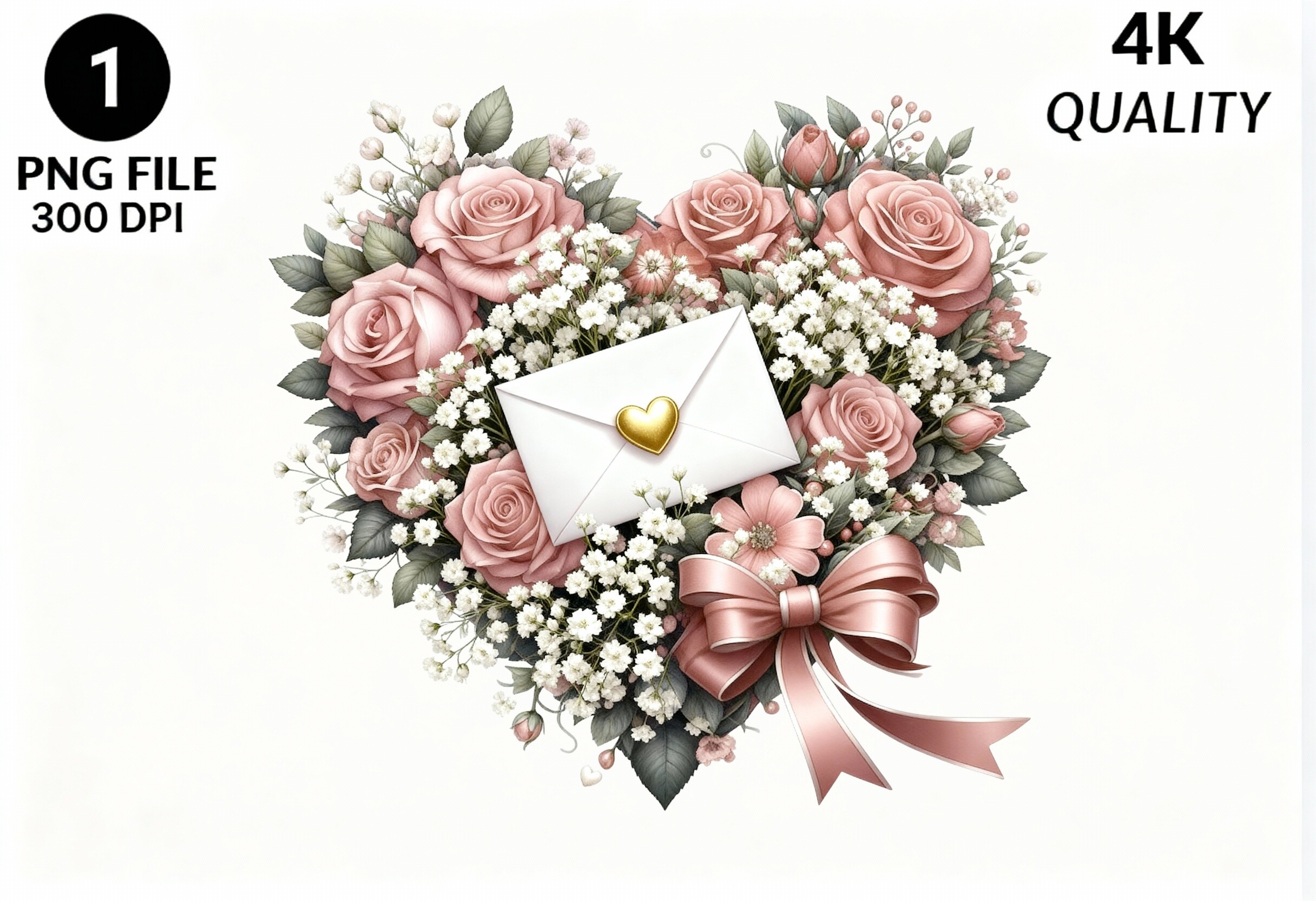 Pink Rose Heart Floral Envelope PNG