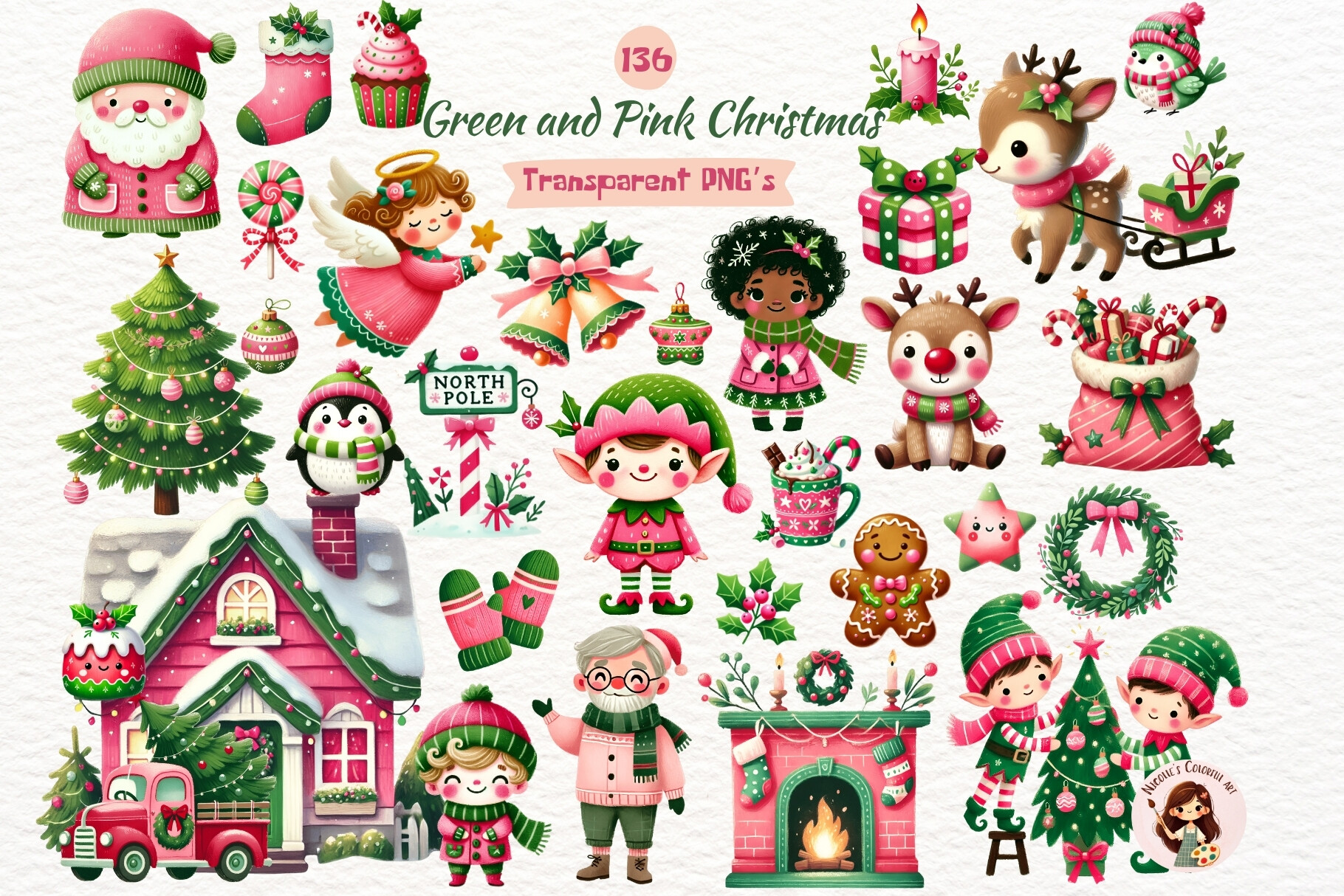 Pink and Green Christmas Clipart Bundle - photo 1