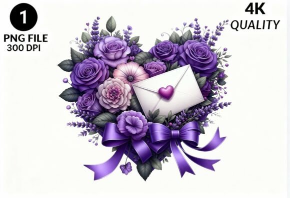 Purple Heart Floral Envelope PNG Clipart
