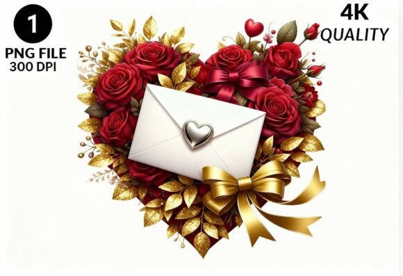 Red Roses Heart Envelope Gold Glitter