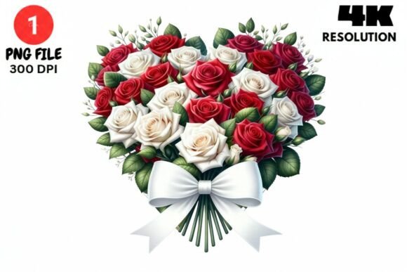 Red White Rose Bouquet Heart PNG Clipart