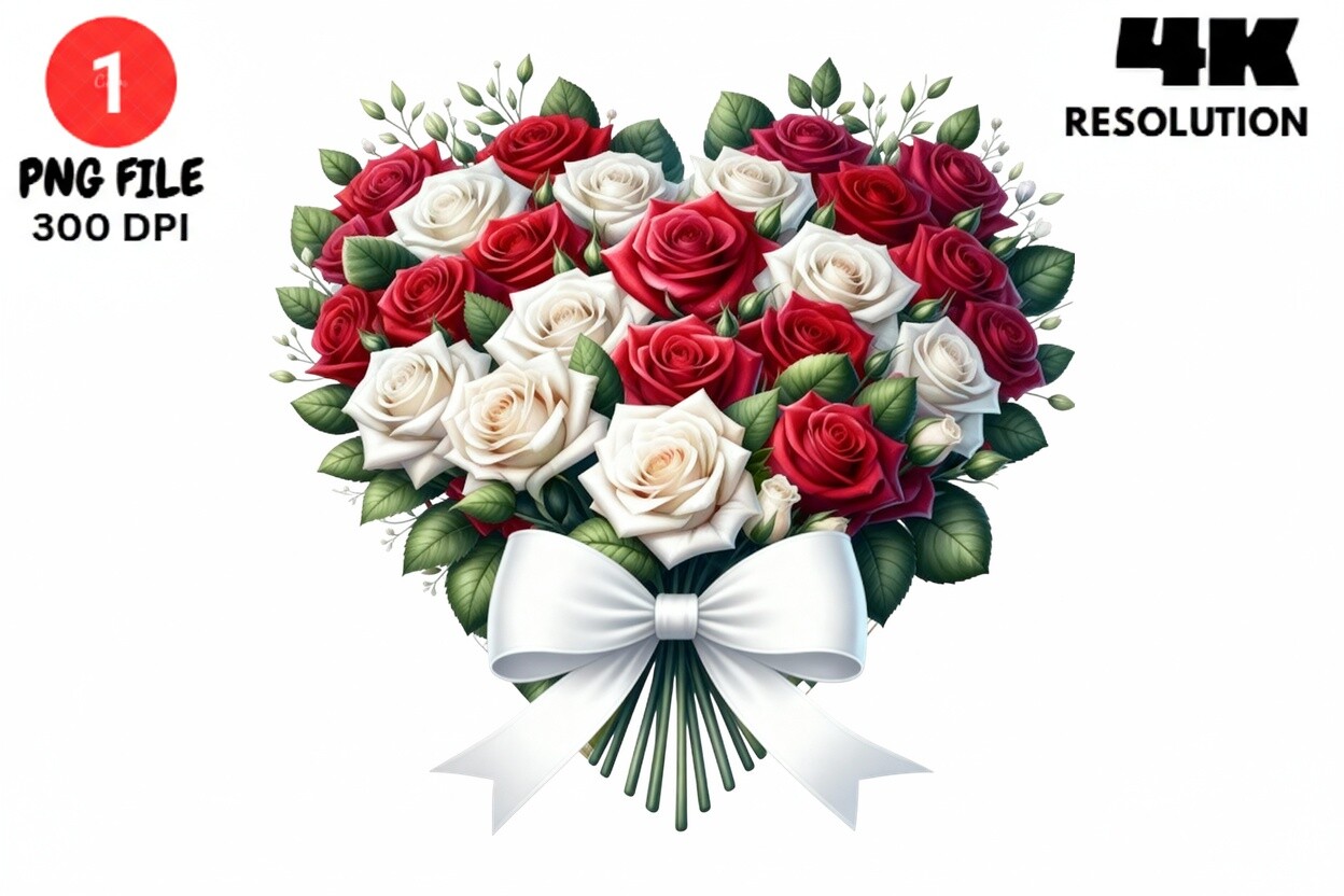 Red White Rose Bouquet Heart PNG Clipart