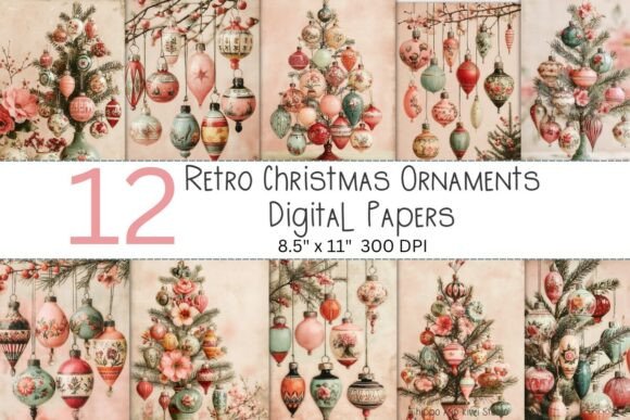 Retro Christmas Ornaments Digital Papers