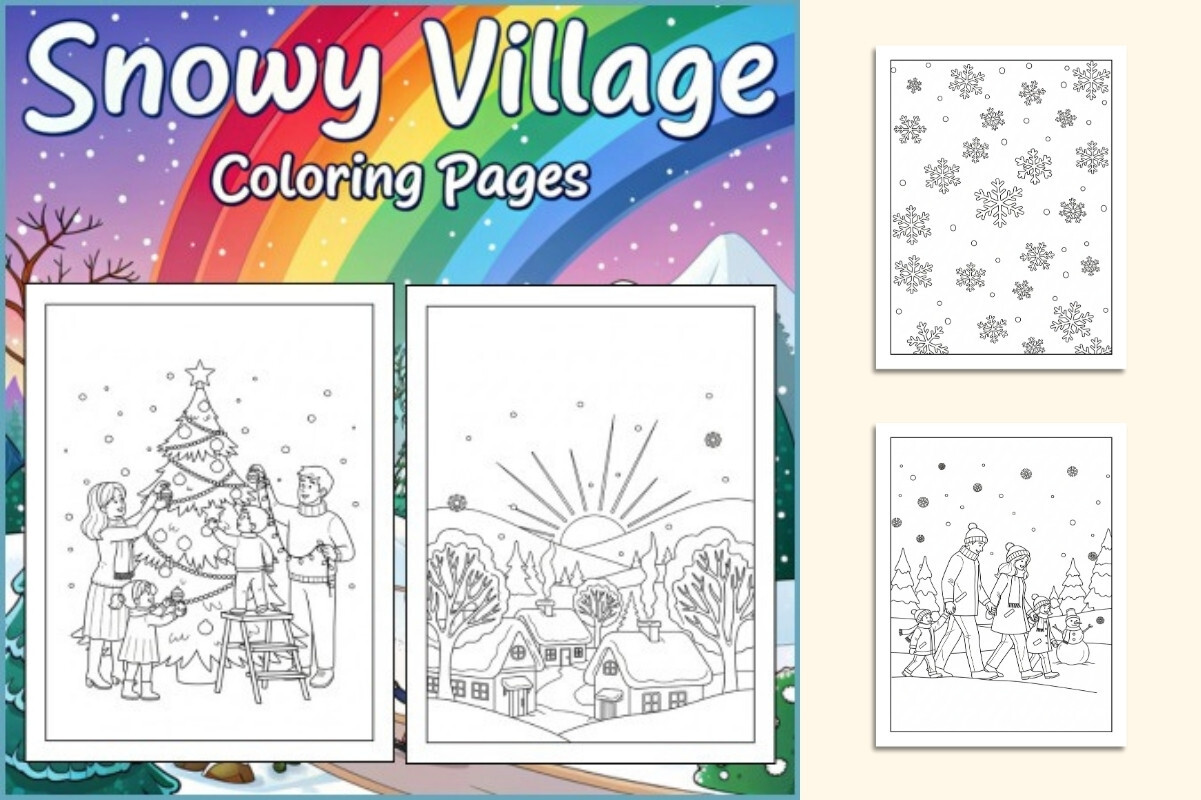 Snowy Village Coloring Pages for Kids