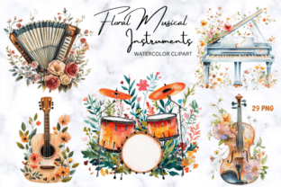 Watercolor Floral Musical Instruments Graphic by creative design studio ...