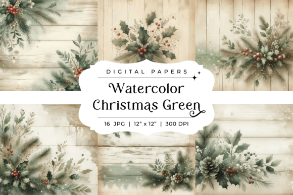 Watercolor Rustic Christmas Green Backgr