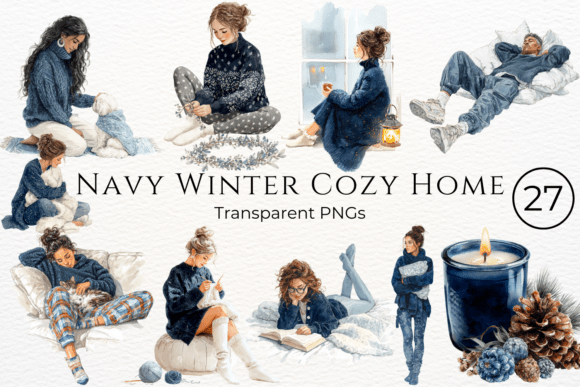 Navy Winter Cozy Home Watercolor Clipart Graphics