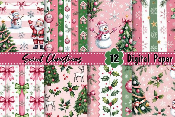 Sweet Pink Green Christmas Digital Paper