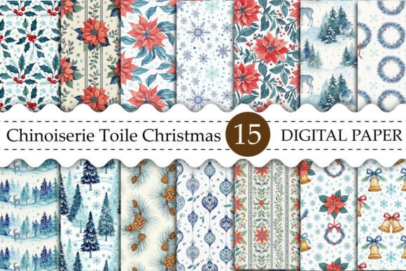 Chinoiserie Toile Christmas Digital Paper