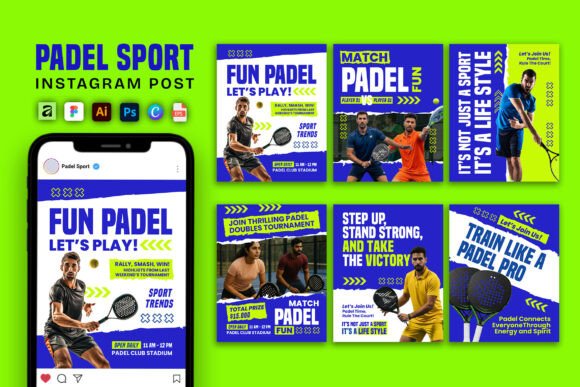 Neon Color Padel Instagram Post Gráfico Modelos de Mídias Sociais Por Storic