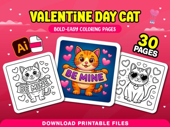 Valentine Day Cat Adults Coloring Pages