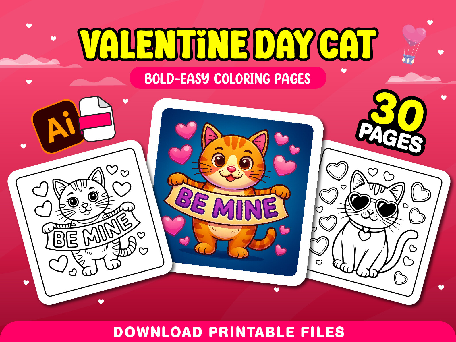 Valentine Day Cat Adults Coloring Pages