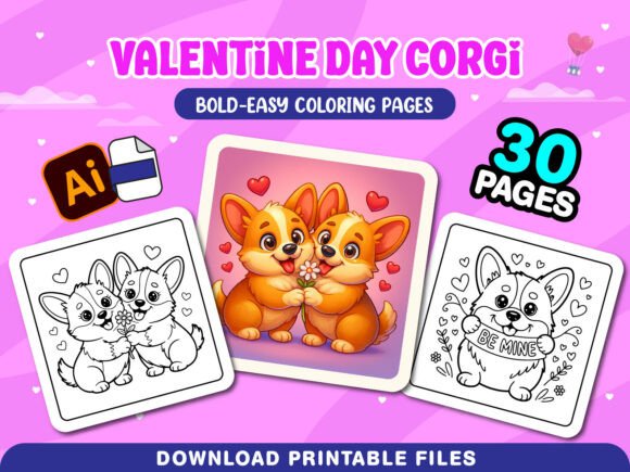 Valentine Day Corgi Adult Coloring Pages
