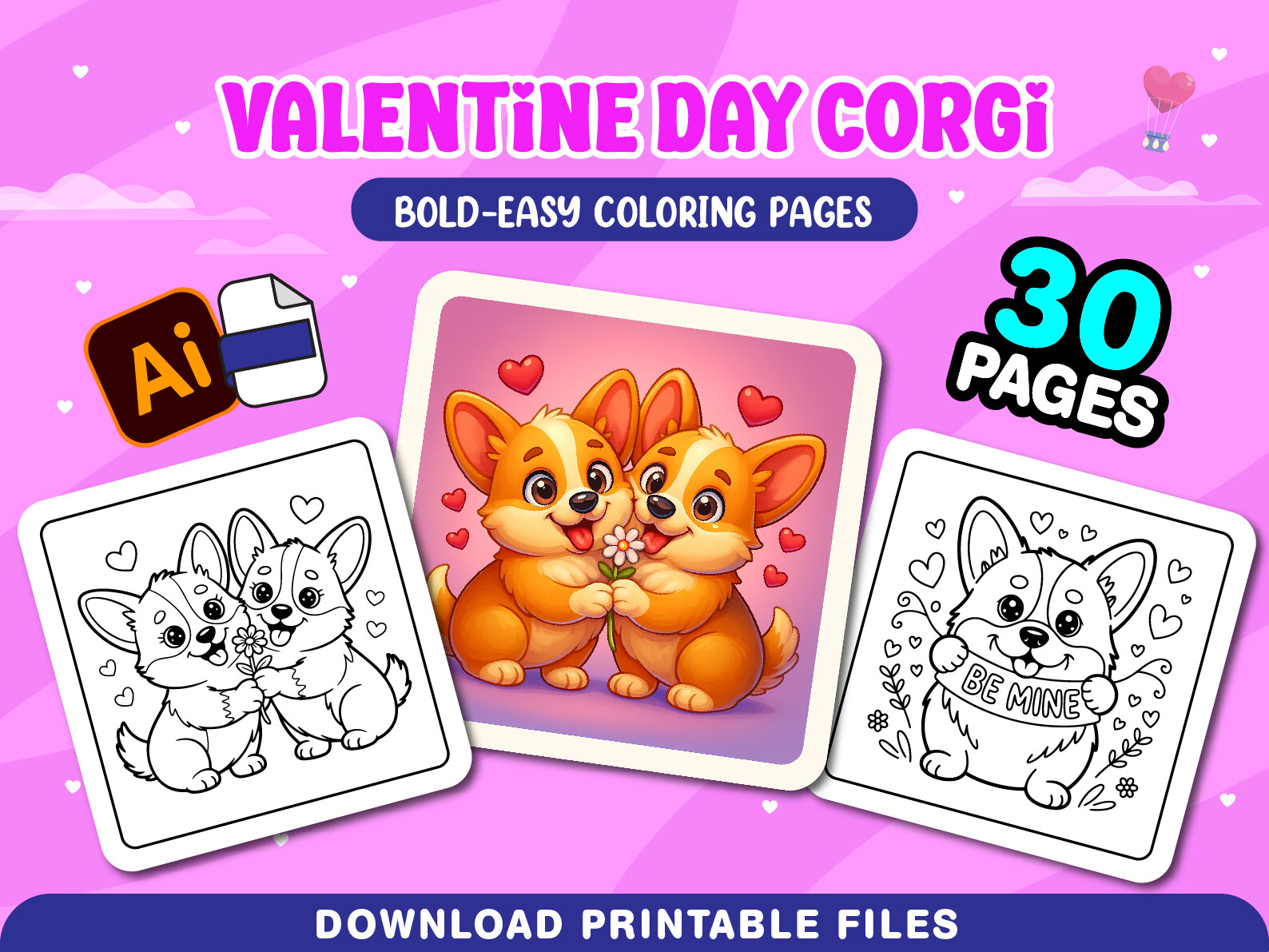 Valentine Day Corgi Adult Coloring Pages