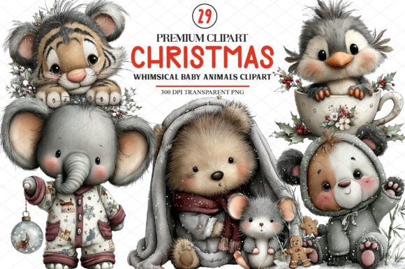 Whimsical Christmas Baby Animals Clipart Illustration Illustrations Imprimables Par cherrydesign