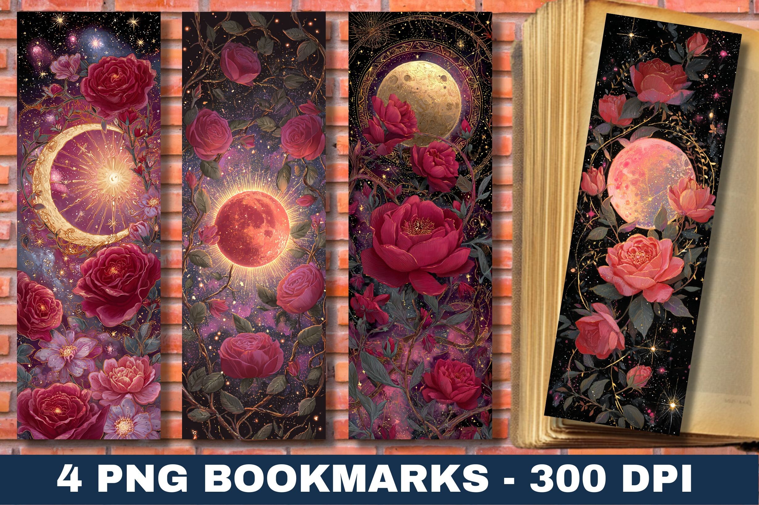 Celestial Rose Gothic Moon Bookmark PNG