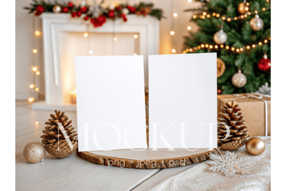 Christmas Card Mockup on Wood Stand