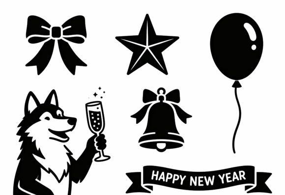 happy new year wolf dog silhouette clipart cricut glitter HTV tee NYE dramatic design