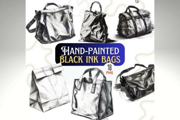 Black Ink Hand-Painted Bag PNG Set