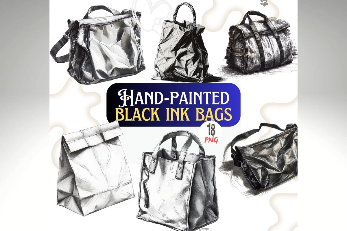Black Ink Hand-Painted Bag PNG Set