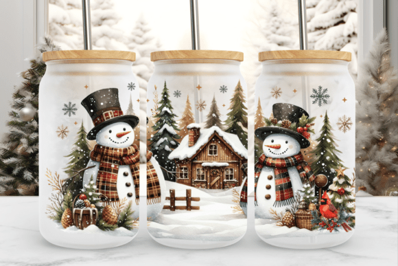 Christmas Snowman 16oz Glass Can Wrap Graphics