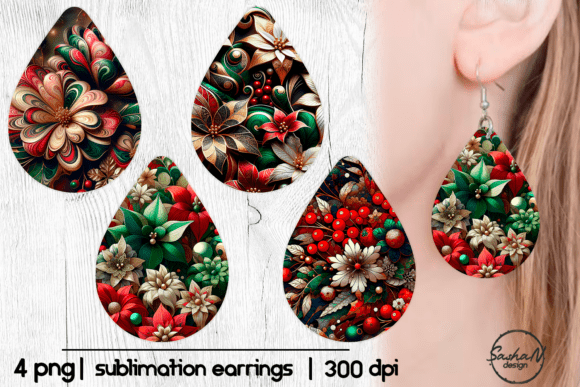 Christmas Floral Teardrop Earrings Png