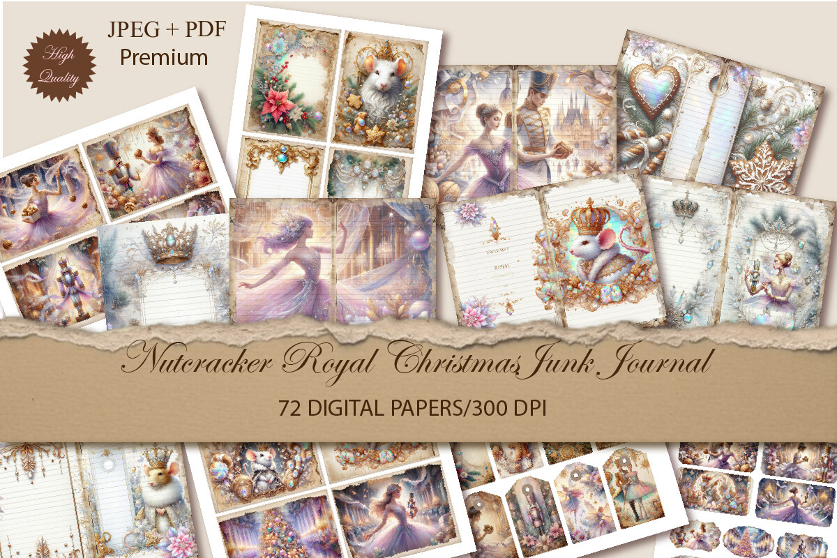 Nutcracker Royal Christmas junk journal pages preview in watercolor style
