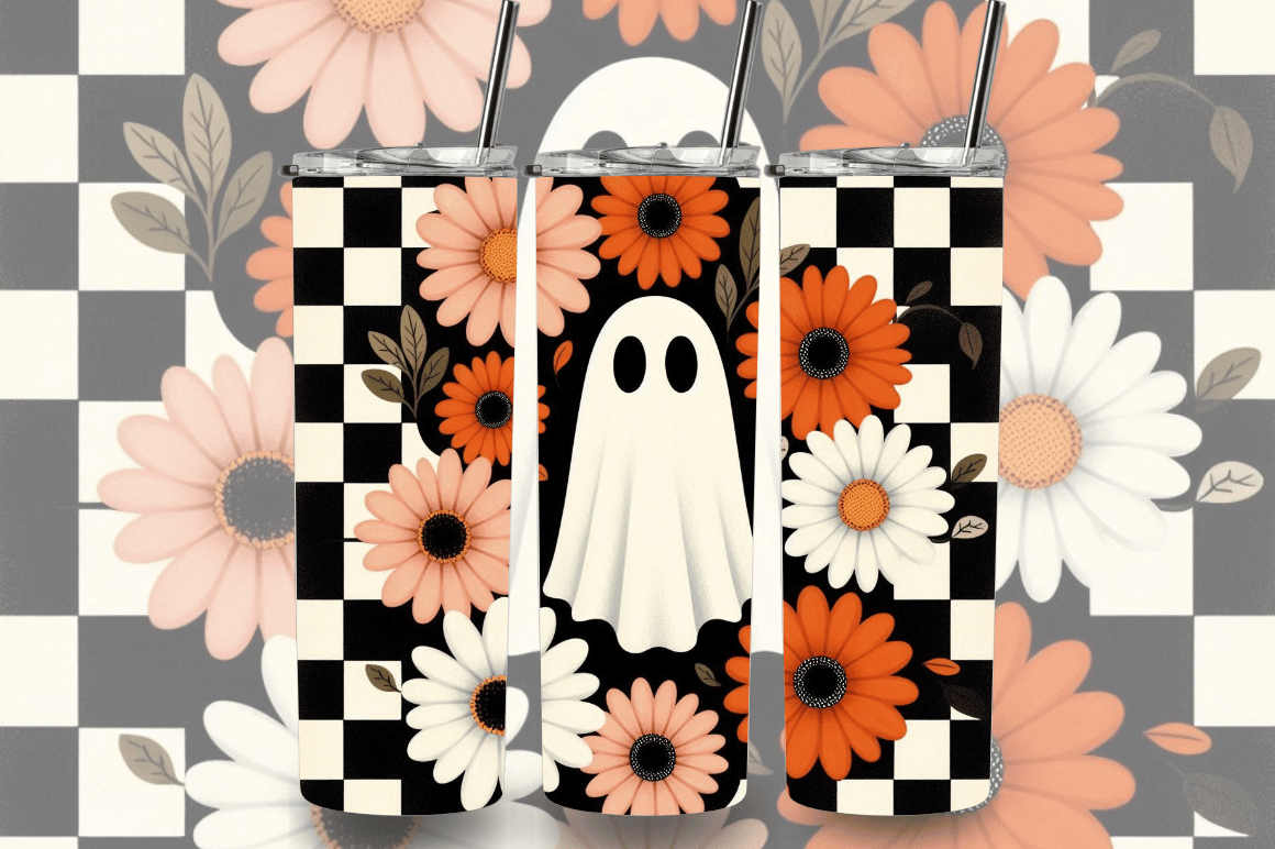 Retro Floral Ghost Fall Tumbler Wrap PNG