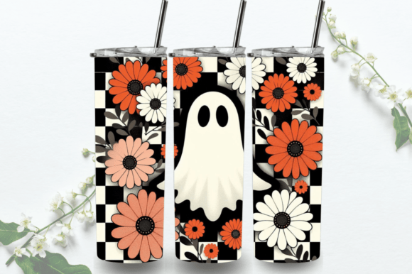 Retro Floral Ghost Fall Tumbler Wrap PNG