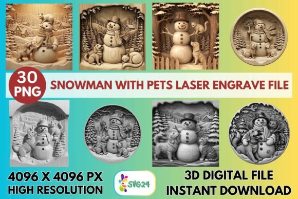 Snowman With Pets Laser Engrave Png File Graphics