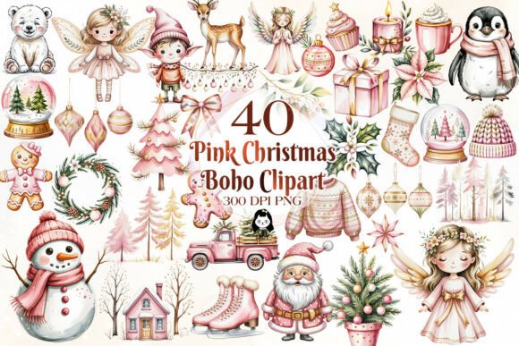 Pink Christmas Boho Watercolor Clipart