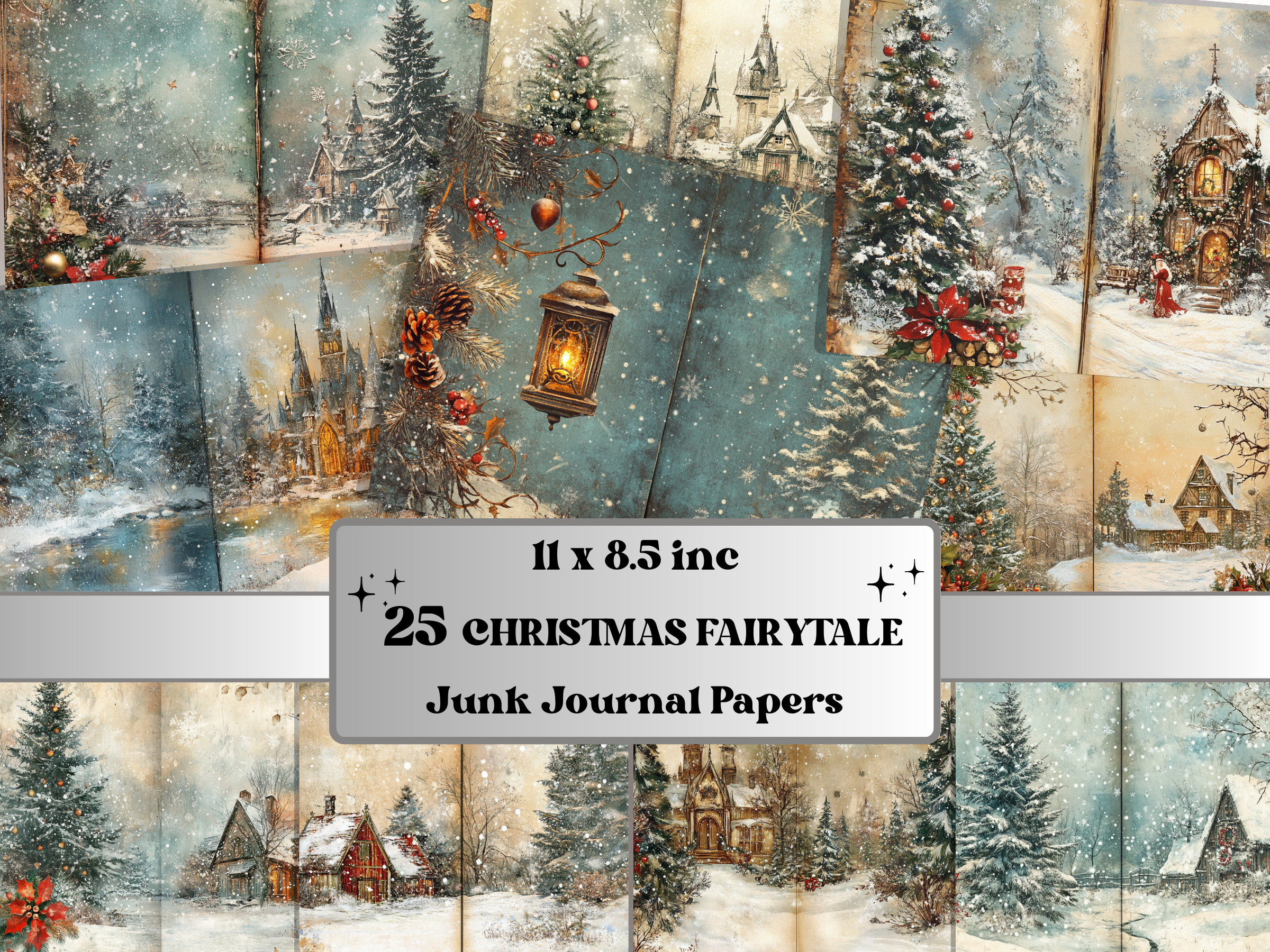Fairytale Christmas junk journal paper preview in icy blue and frosted pink