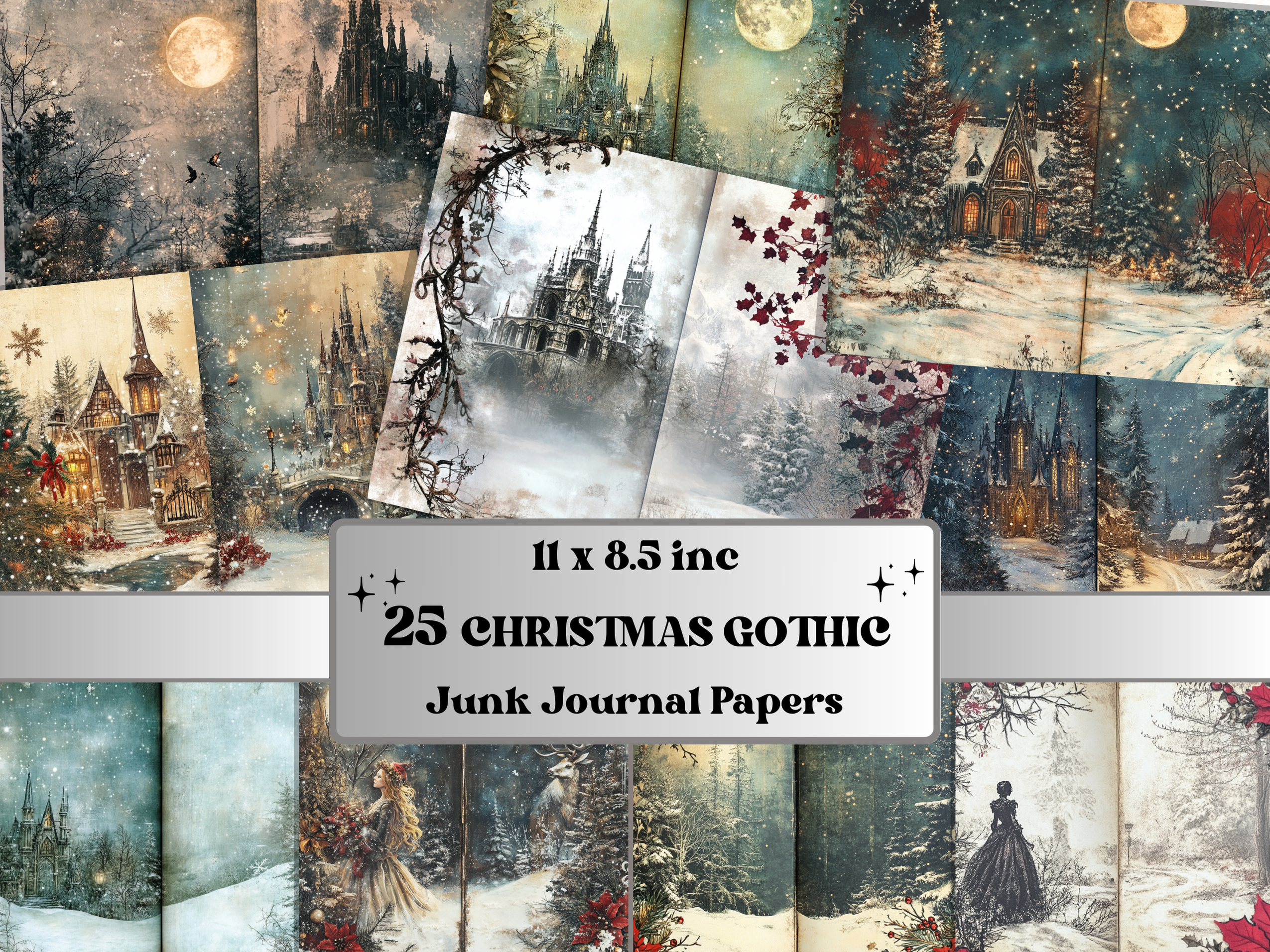 Gothic Christmas junk journal paper preview in black, deep red and bone white