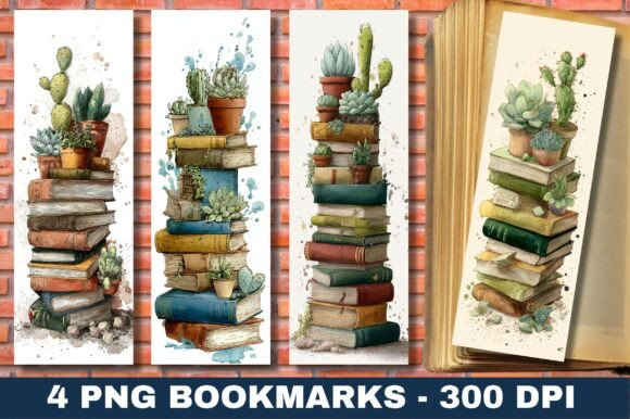 Vintage Books Cactus Stack Bookmark PNG