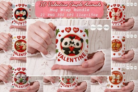 Preview of 3D Valentine Couple Animals Mug Wrap PNG Bundle Valentine sublimation design