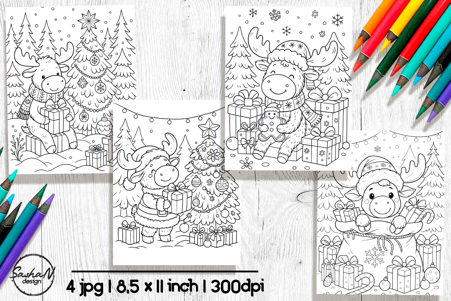 Christmas Moose Coloring Pages for Kids