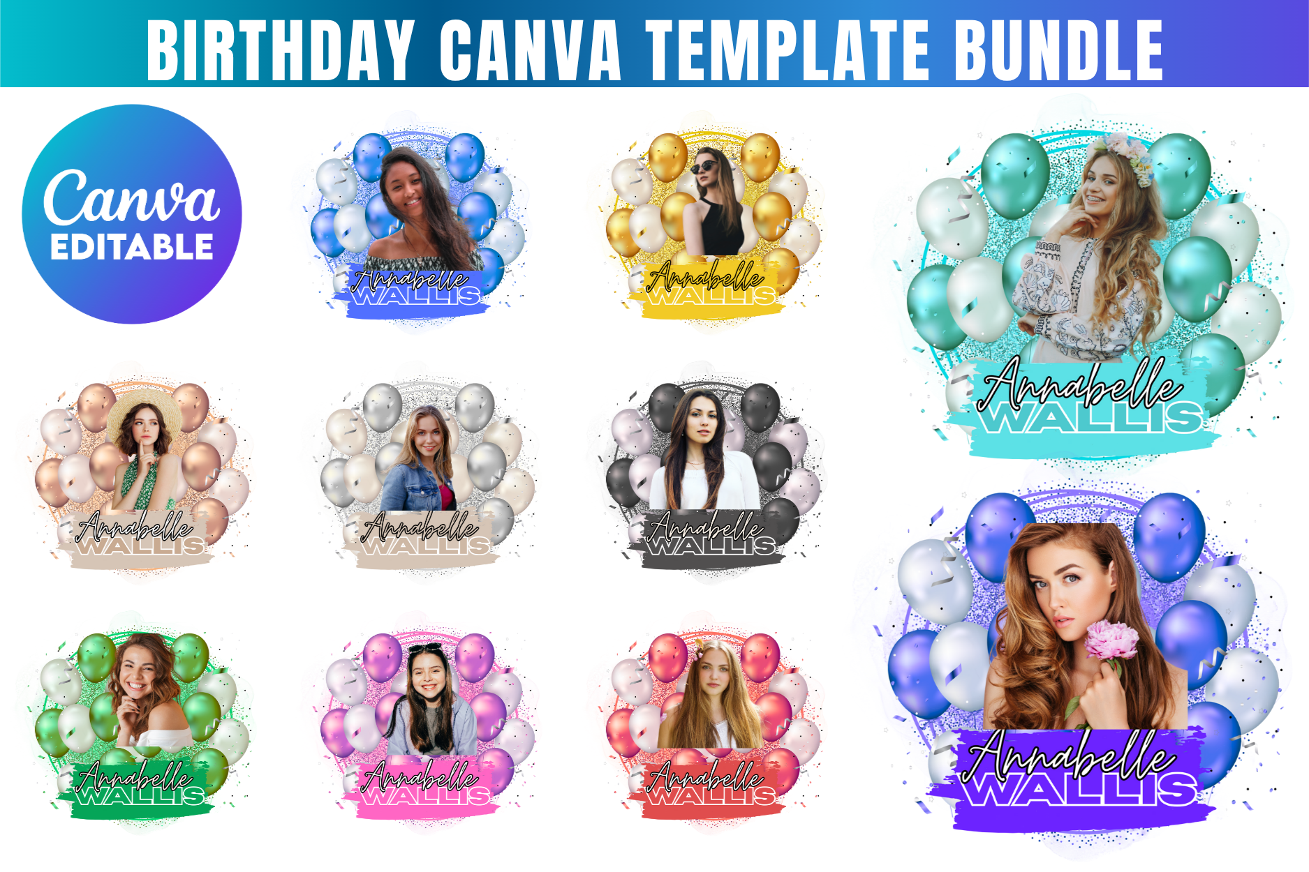 Birthday Canva Editable Template Bundle