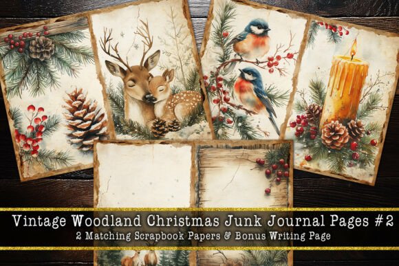 Woodland Christmas Junk Journal Pages watercolor elements for nursery prints