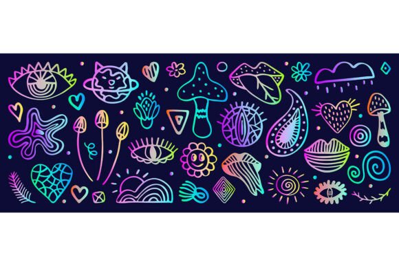 Neon Psychedelic Doodle Hand Drawn Set