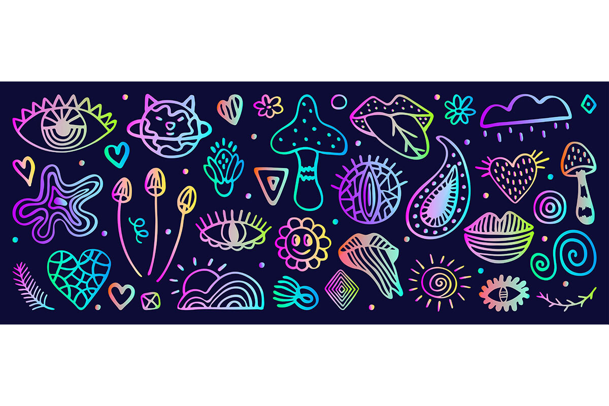 Neon Psychedelic Doodle Hand Drawn Set