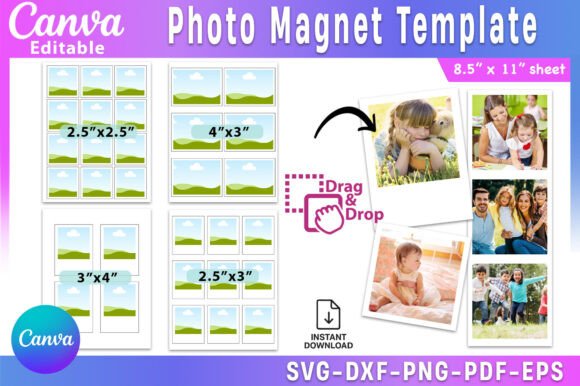 Editable Canva Polaroid photo magnet template with multiple photo sizes