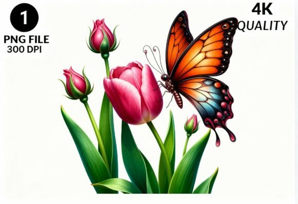 Butterfly and Pink Tulips PNG Clipart