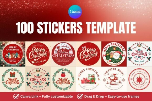 100 Christmas round sticker Canva templates