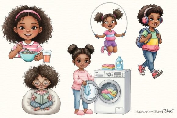 Black Girl Daily Routine Clipart Vol.1