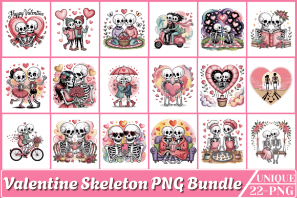 Preview of Cute Valentine Skeleton PNG Bundle Valentine sublimation design