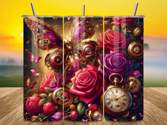 Steampunk Butterfly Floral Clock Tumbler