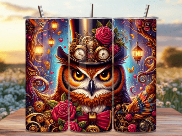 Steampunk Owl Gentleman Floral Tumbler