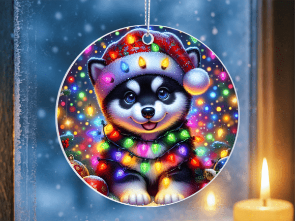 Puppy Husky Dog Christmas Ornament PNG for sublimation Unisub aluminum circle blank